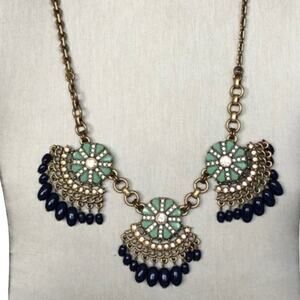 J. Crew Antique Gold Tone Sage Green Navy Blue Floral Rhinestone Bib Necklace